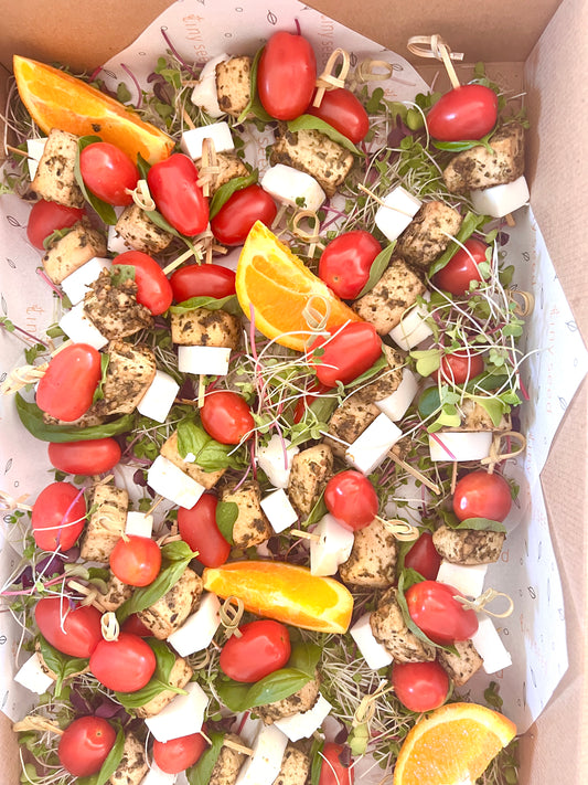 Tofu Caprese skewers with pesto